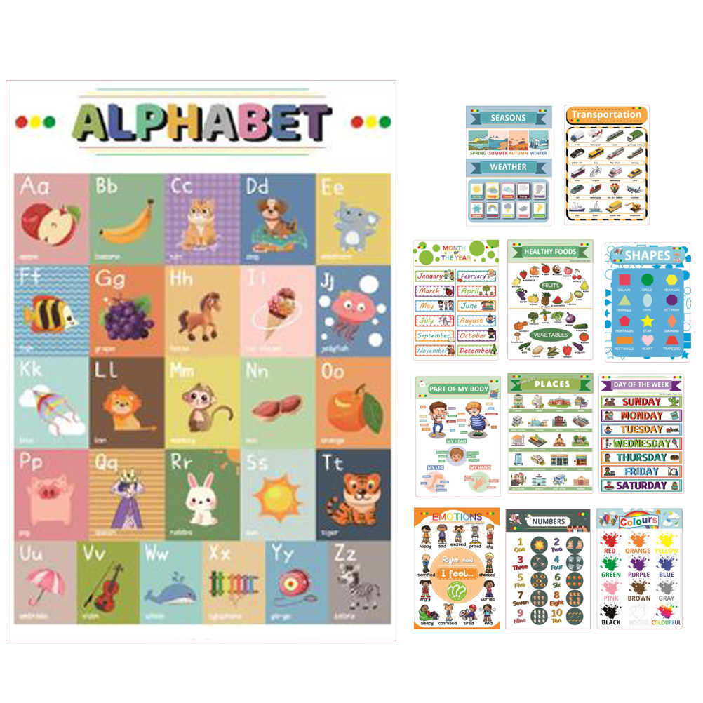 Kids Education Charts - 12 Sayfa Karikatür İngilizce Öğrenme Posterleri